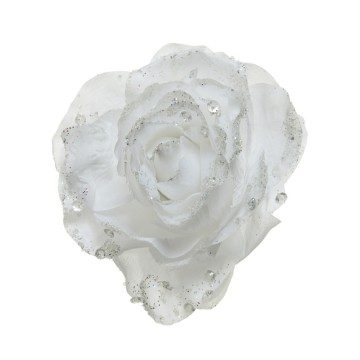White Clip On Glitter Rose - 14cm